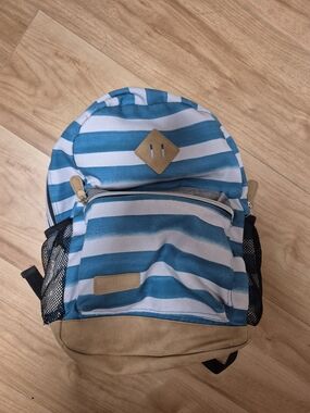 Striped Blue & White Backpack with Tan Accents